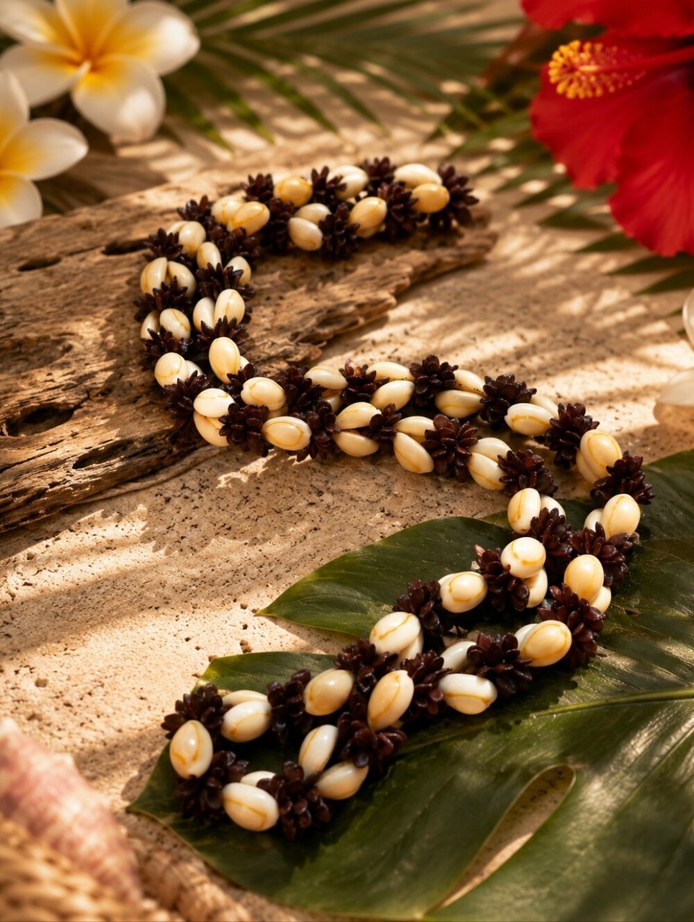 Vintage Hawaiian Cowrie Shell & Koa Seed Lei Necklace